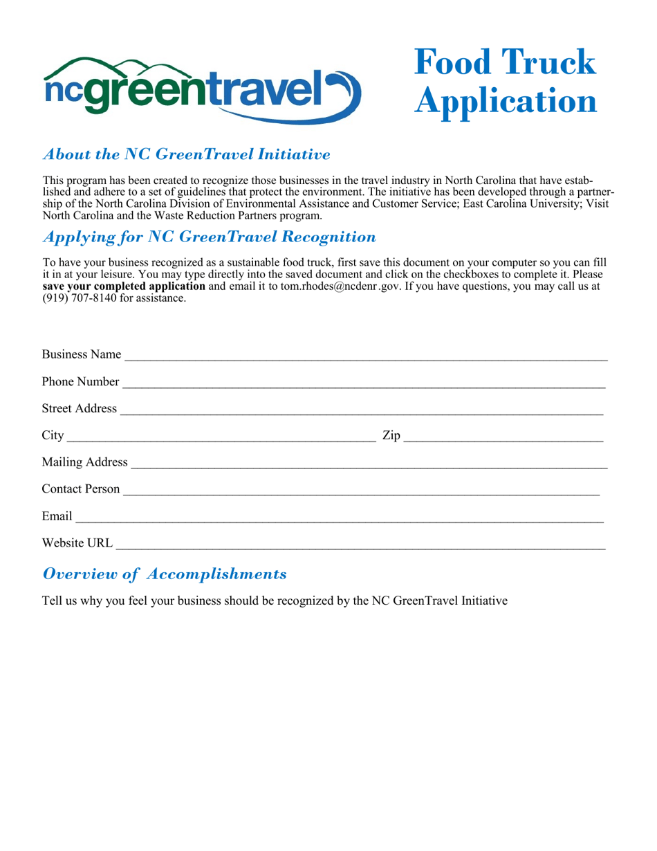 Nc Green Travel Program Application Form for Food Trucks - North Carolina, Page 1