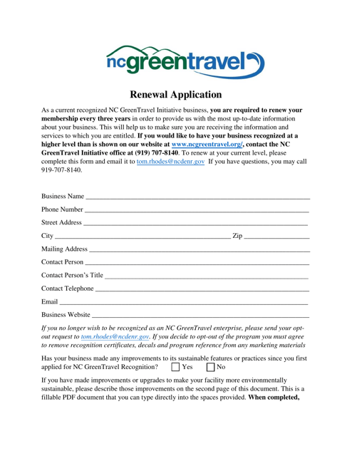 Nc Green Travel Program Three Year Renewal Application - North Carolina Download Pdf