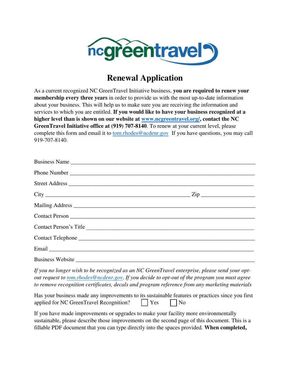 Nc Green Travel Program Three Year Renewal Application - North Carolina, Page 1