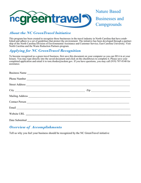 Nature Based Businesses and Campgrounds Application for Nc Greentravel Recognition - North Carolina Download Pdf