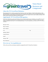 Nature Based Businesses and Campgrounds Application for Nc Greentravel Recognition - North Carolina