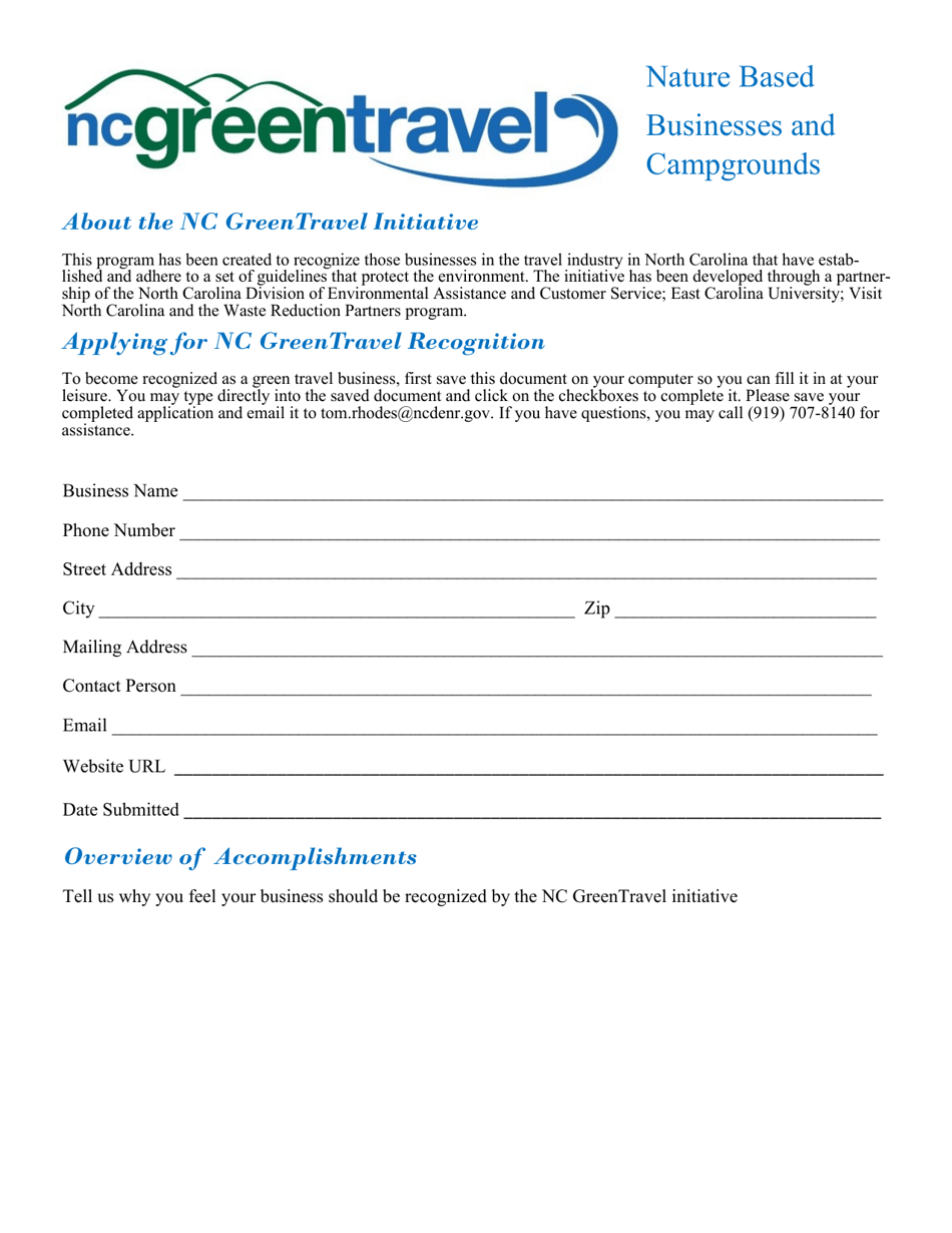 Nature Based Businesses and Campgrounds Application for Nc Greentravel Recognition - North Carolina, Page 1