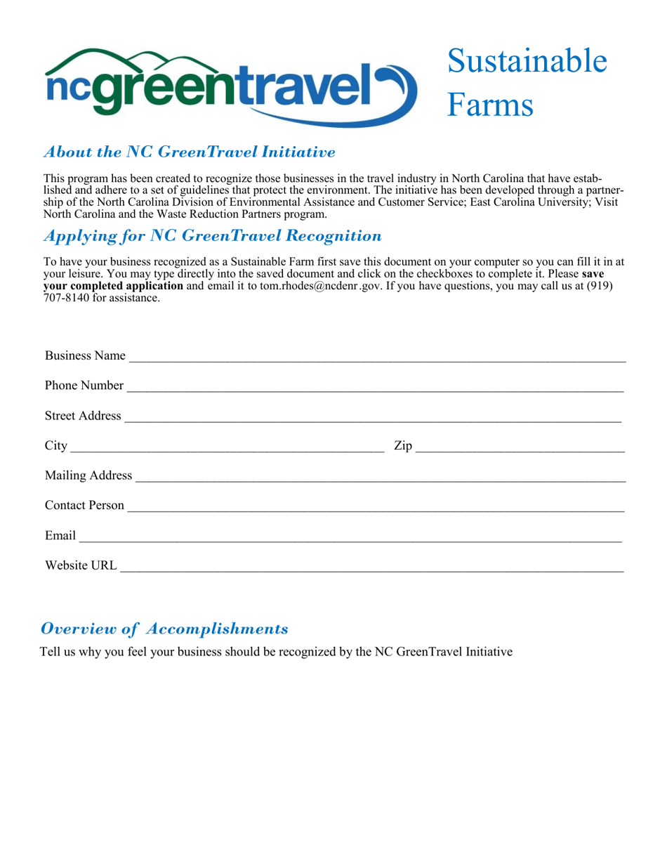 Sustainable Farms Application for Nc Greentravel Recognition - North Carolina, Page 1