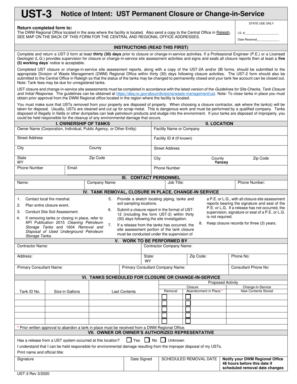 Form UST-3 Notice of Intent: Ust Permanent Closure or Change-In-service - North Carolina, Page 1