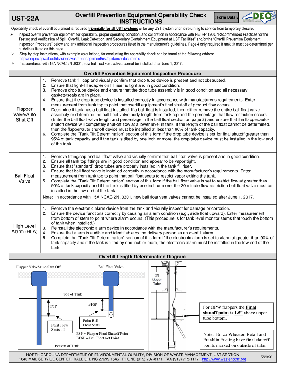 Form UST-22A Overfill Prevention Equipment Operability Check - North Carolina, Page 1