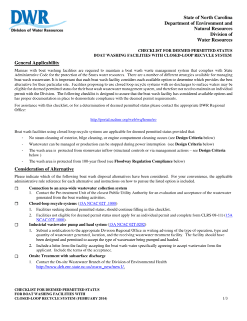 Checklist for Deemed Permitted Status Boat Washing Facilities With Closed-Loop Recycle System - North Carolina Download Pdf