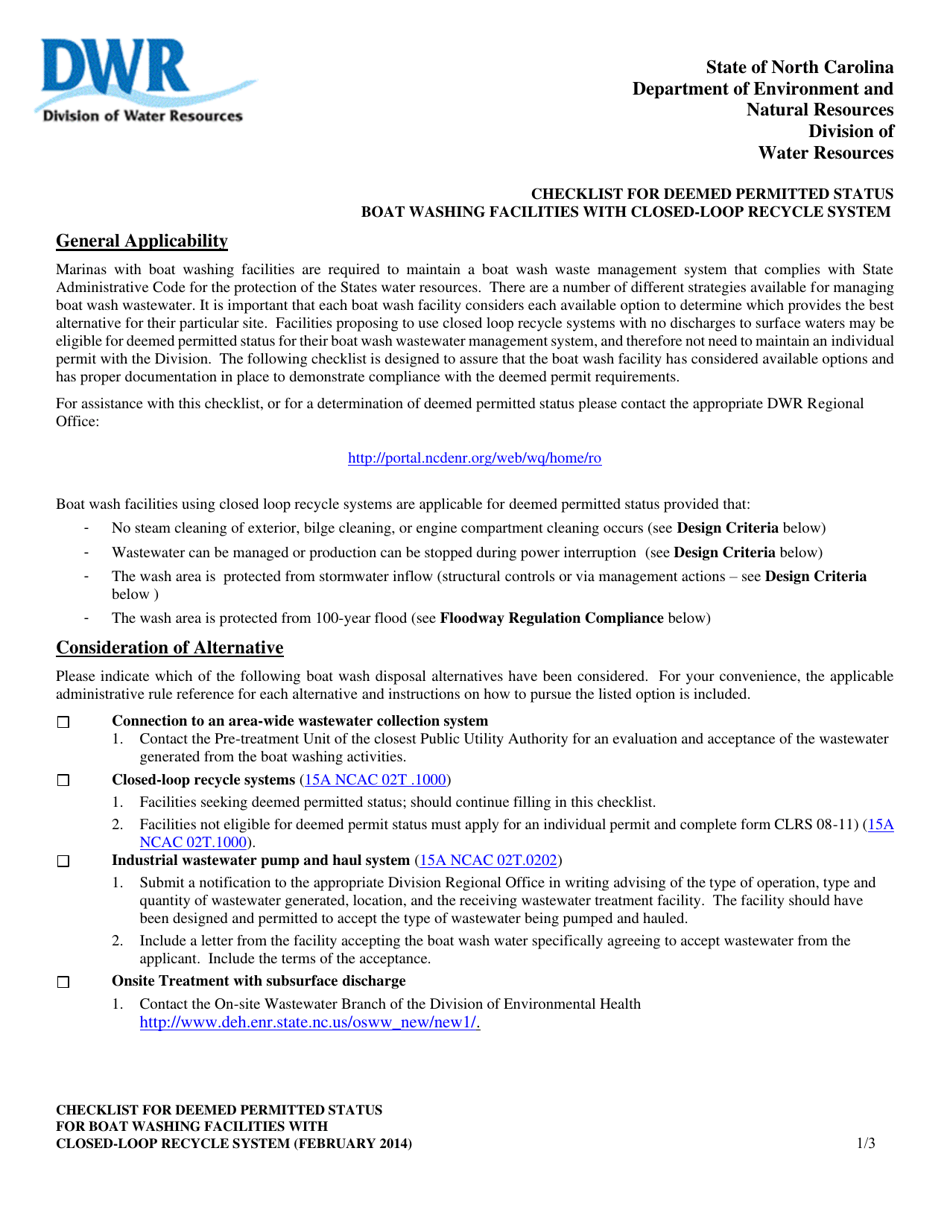 Checklist for Deemed Permitted Status Boat Washing Facilities With Closed-Loop Recycle System - North Carolina, Page 1