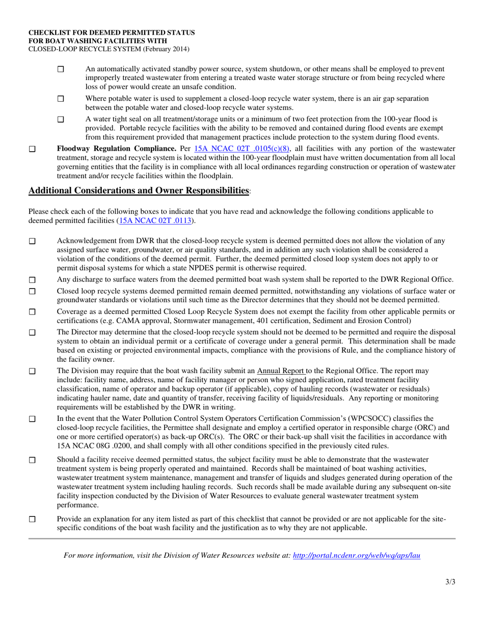 Checklist for Deemed Permitted Status Boat Washing Facilities With Closed-Loop Recycle System - North Carolina, Page 3