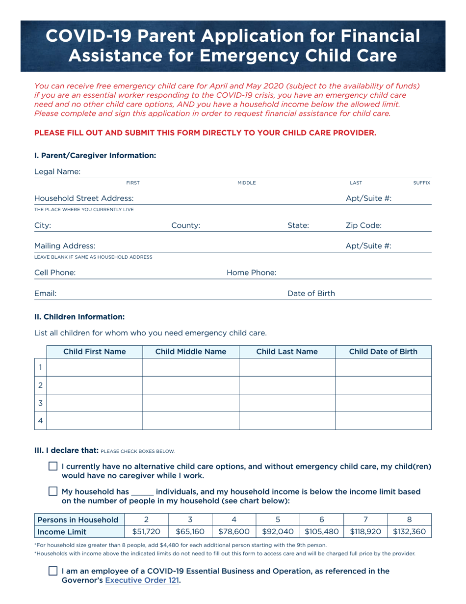 Covid-19 Parent Application for Financial Assistance for Emergency Child Care - North Carolina, Page 1