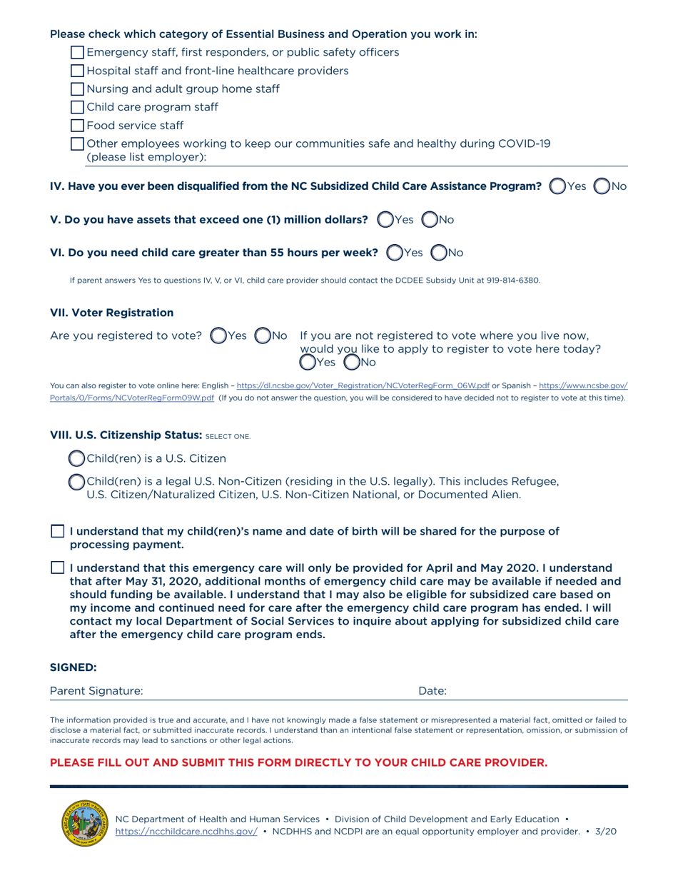 Covid-19 Parent Application for Financial Assistance for Emergency Child Care - North Carolina, Page 2
