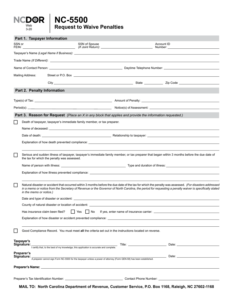 Form NC-5500 Request to Waive Penalties - North Carolina, Page 1