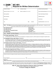Document preview: Form NC-481 Request for Written Determination - North Carolina