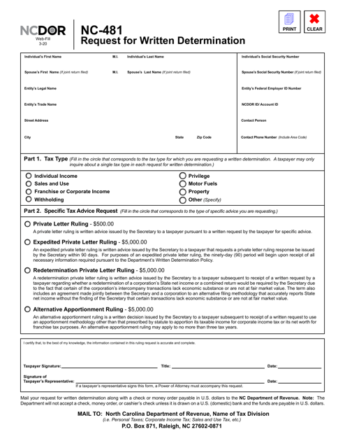 Form NC-481 Request for Written Determination - North Carolina