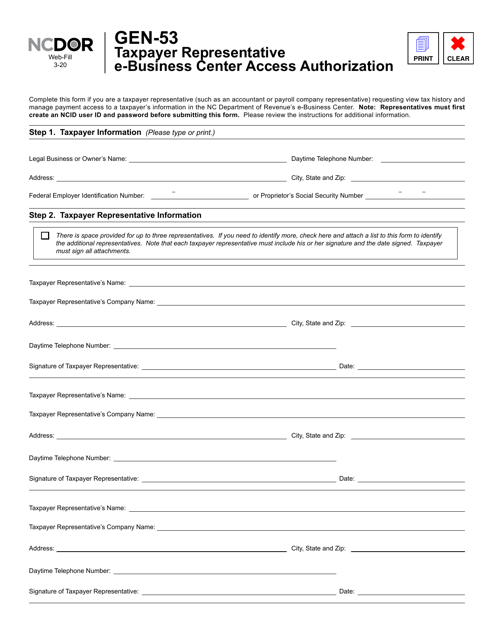 Form GEN-53 Taxpayer Representative E-Business Center Access Authorization - North Carolina