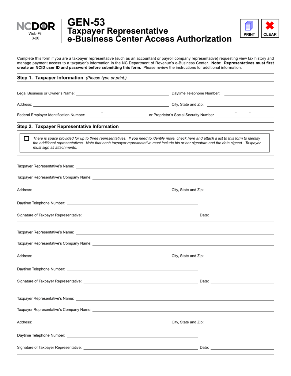 Form GEN-53 Taxpayer Representative E-Business Center Access Authorization - North Carolina, Page 1