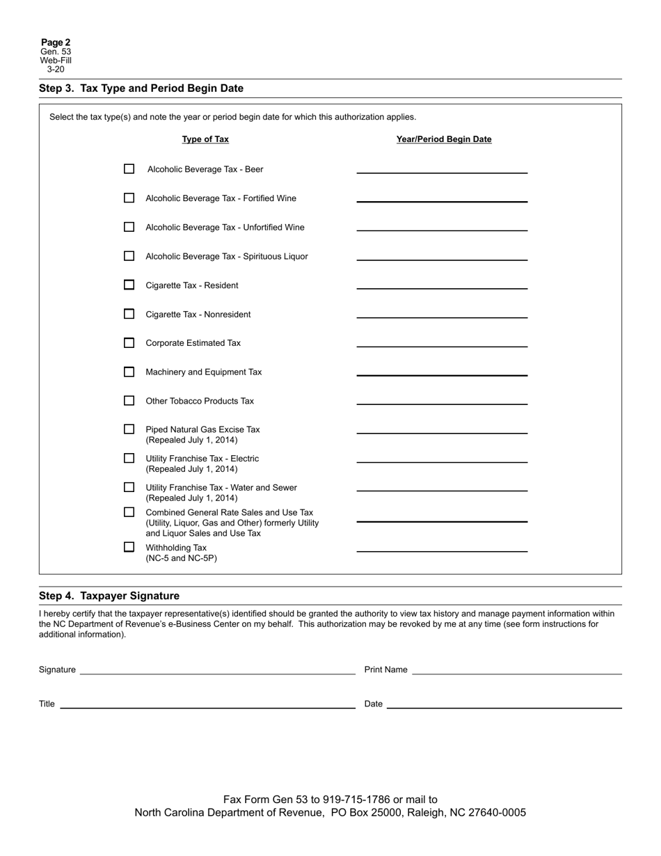 Form GEN-53 Taxpayer Representative E-Business Center Access Authorization - North Carolina, Page 2