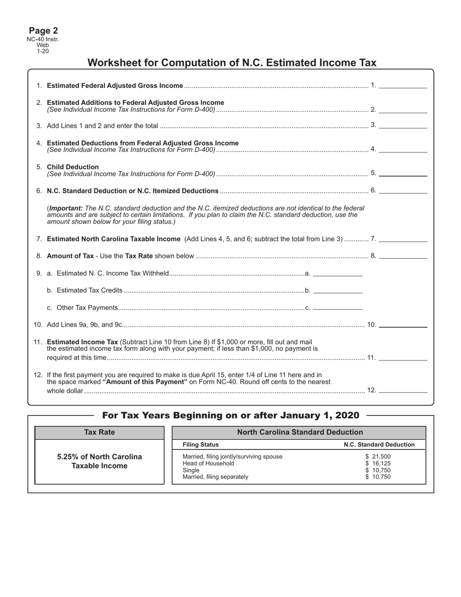 Download Instructions for Form NC40 Individual Estimated Tax