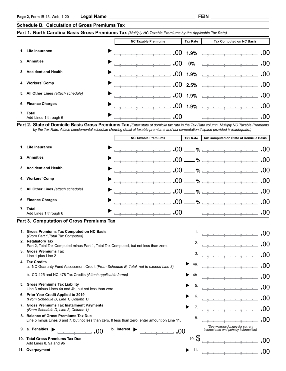 Form IB-13 Gross Premiums Tax Return Life, Accident, Health and Title Companies - North Carolina, Page 3