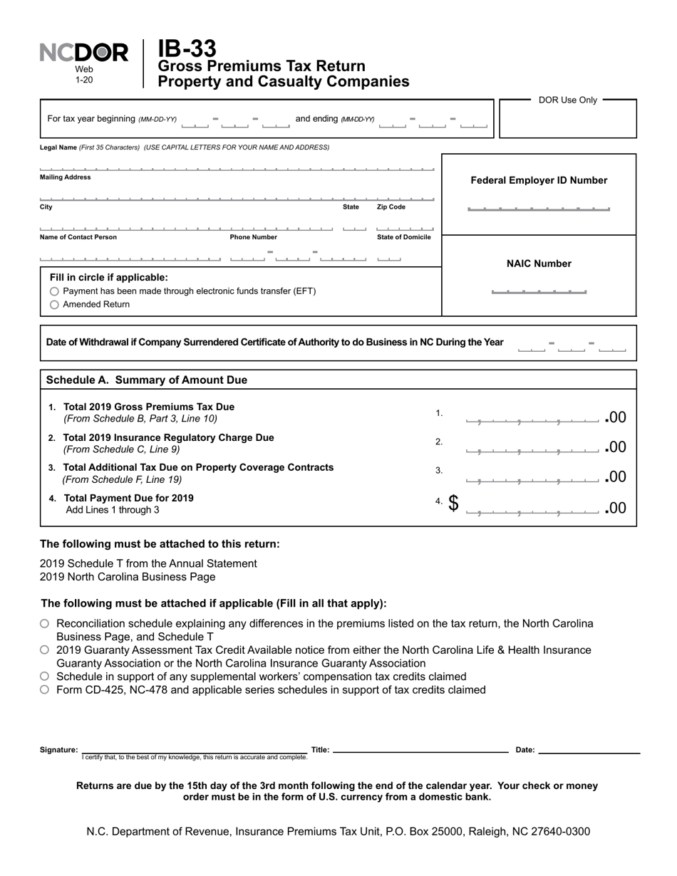 Form IB-33 Gross Premiums Tax Return Property and Casualty Companies - North Carolina, Page 2