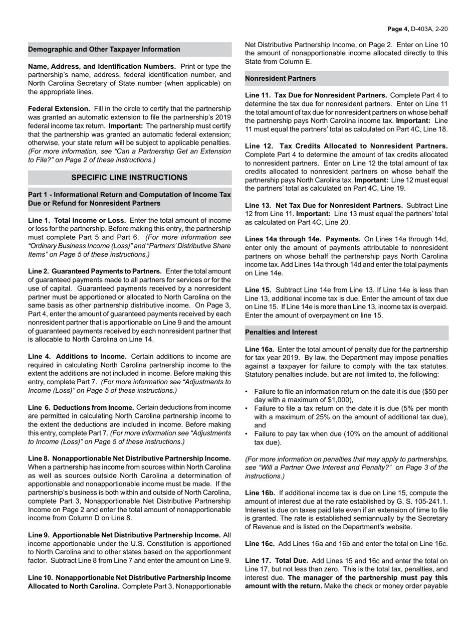 Instructions for Form D-403 Partnership Income Tax Return - North Carolina, Page 4