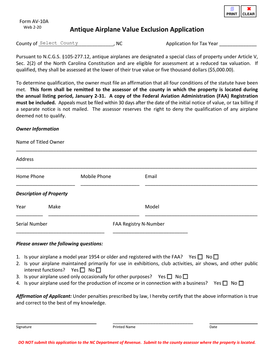 Form AV-10A Antique Airplane Value Exclusion Application - North Carolina, Page 1