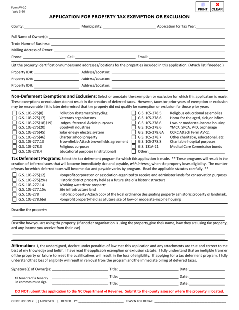 Form AV-10 Application for Property Tax Exemption or Exclusion - North Carolina