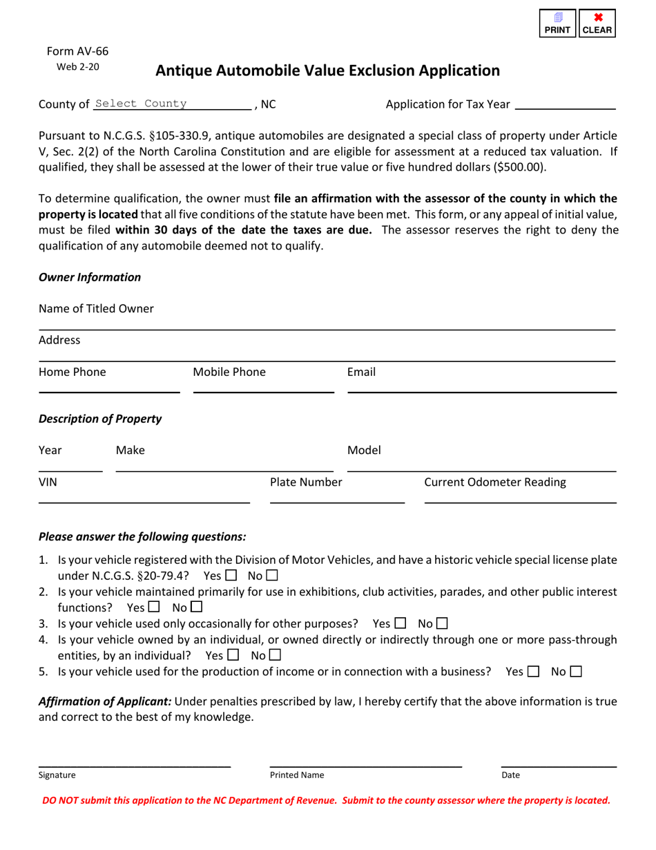 Form AV66 Fill Out, Sign Online and Download Fillable PDF, North