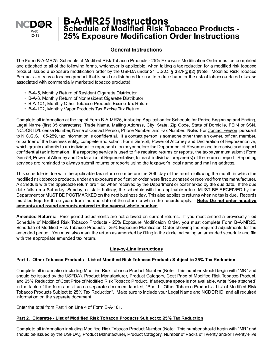 Instructions for Form B-A-MR25 Schedule of Modified Risk Tobacco Products - 25% Exposure Modification Order - North Carolina, Page 1