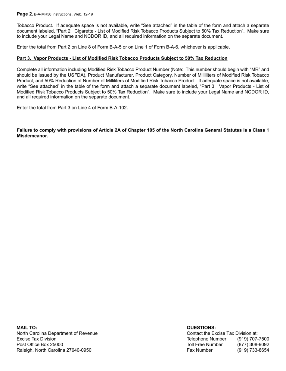 Instructions for Form B-A-MR50 Schedule of Modified Risk Tobacco Products - 50% Risk Modification Order - North Carolina, Page 2