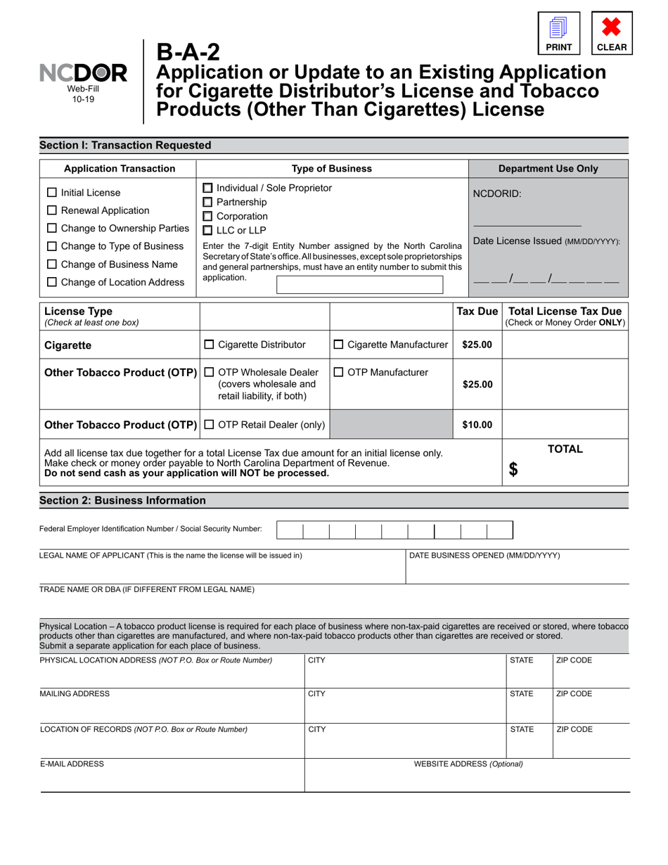 Form B-A-2 Application or Update to an Existing Application for Cigarette Distributors License and Tobacco Products (Other Than Cigarettes) License - North Carolina, Page 1