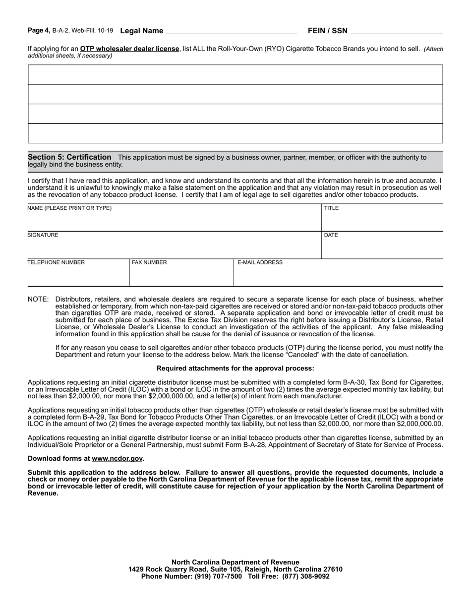 Form B-A-2 Application or Update to an Existing Application for Cigarette Distributors License and Tobacco Products (Other Than Cigarettes) License - North Carolina, Page 4