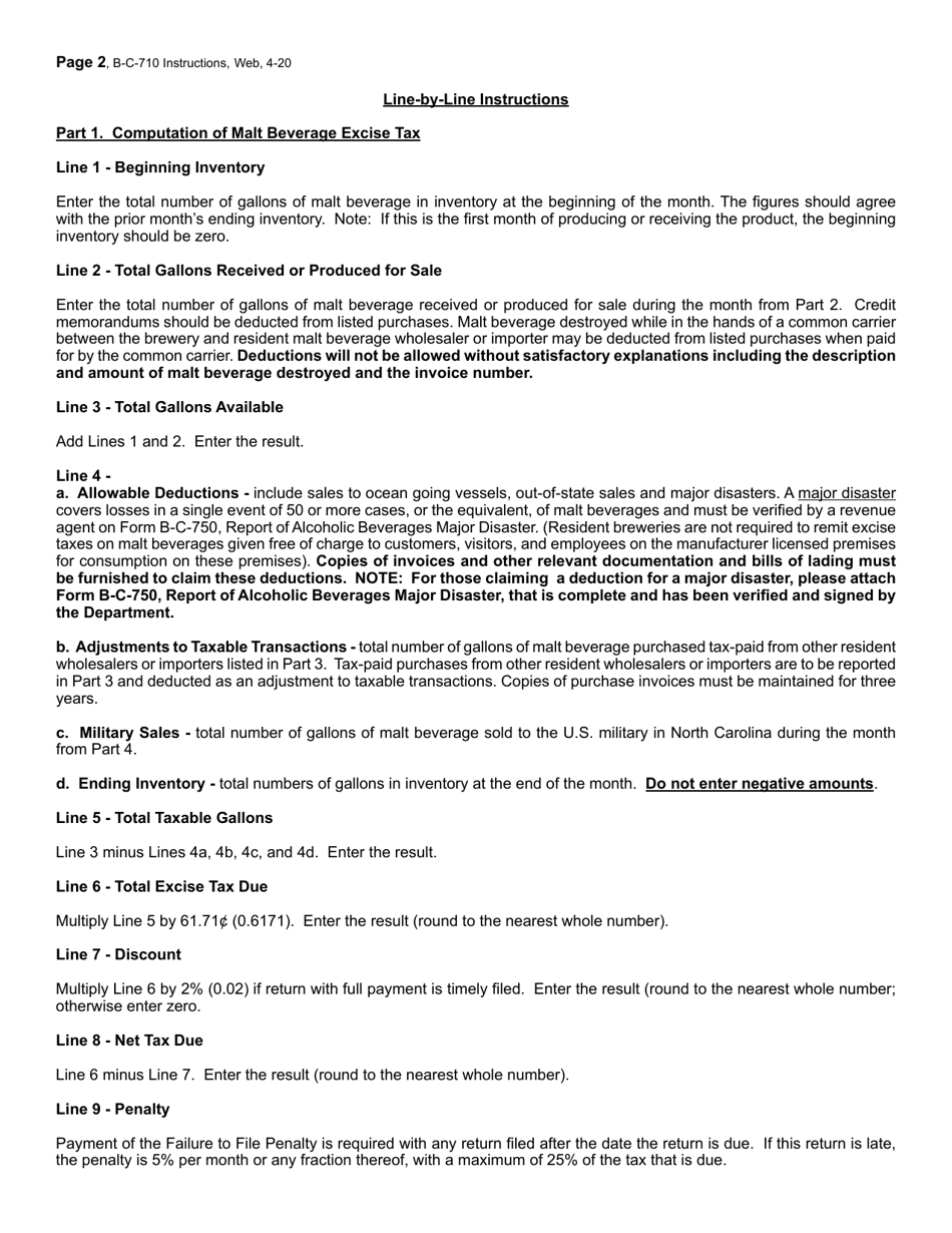 Instructions for Form B-C-710 Malt Beverages Wholesaler and Importer and Resident Brewery Excise Tax Return - North Carolina, Page 2