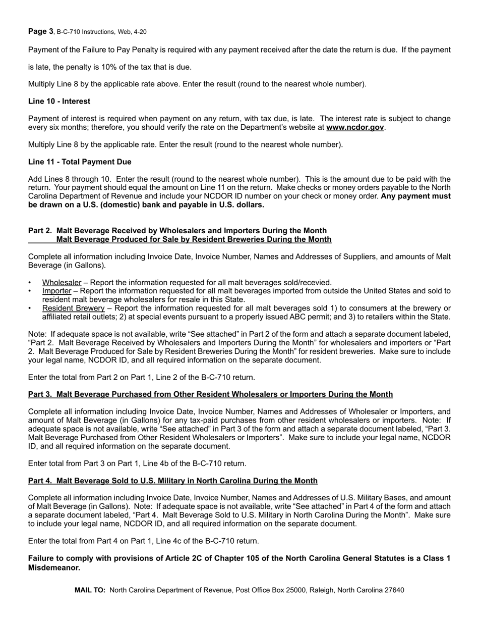 Instructions for Form B-C-710 Malt Beverages Wholesaler and Importer and Resident Brewery Excise Tax Return - North Carolina, Page 3