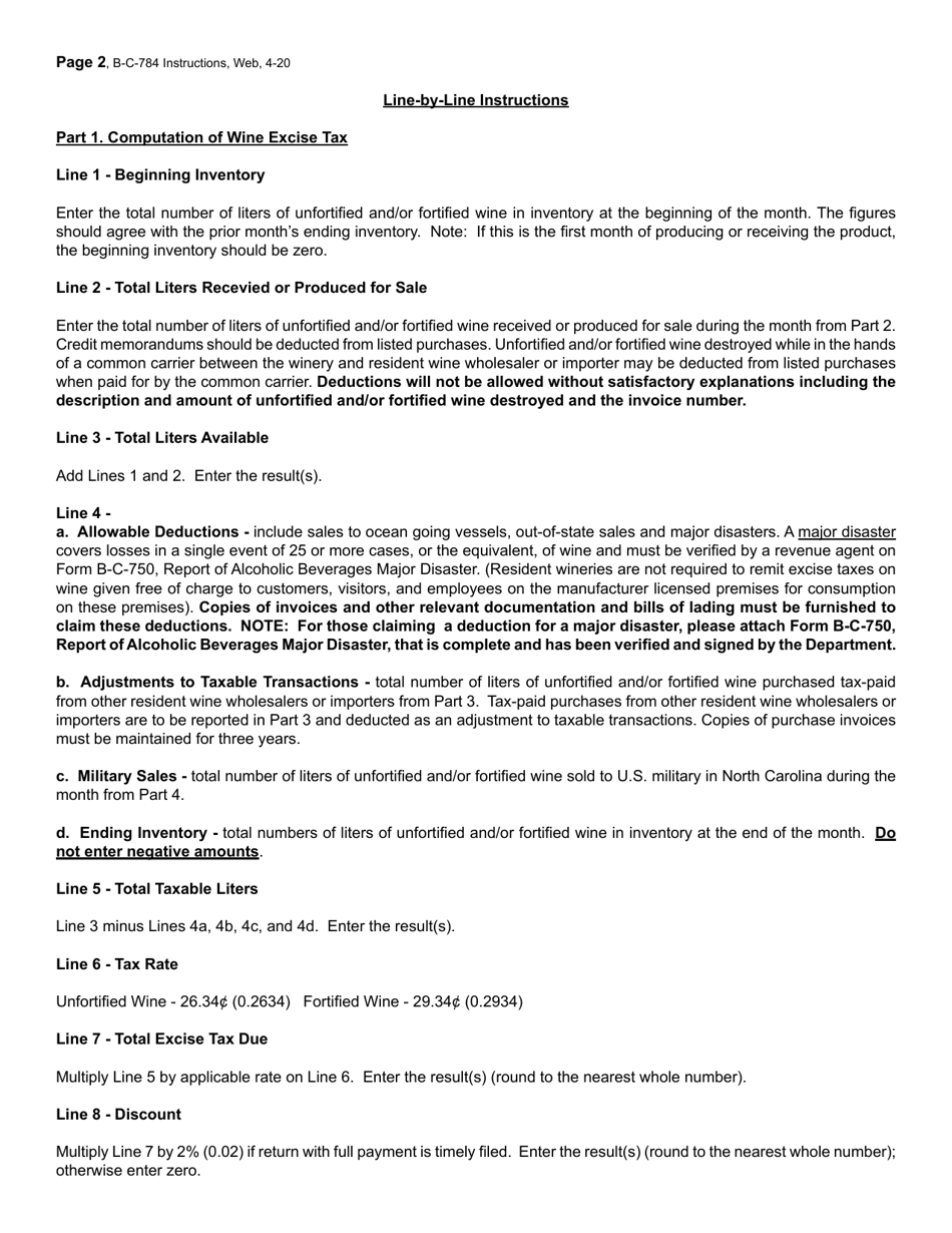 Instructions for Form B-C-784 Wine Wholesaler and Importer and Resident Winery Excise Tax Return - North Carolina, Page 2