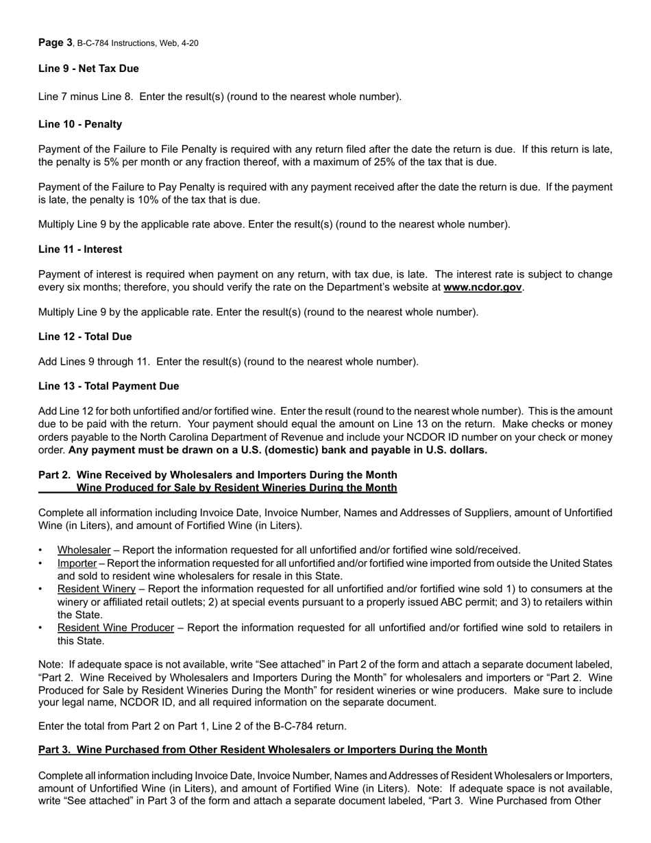 Instructions for Form B-C-784 Wine Wholesaler and Importer and Resident Winery Excise Tax Return - North Carolina, Page 3