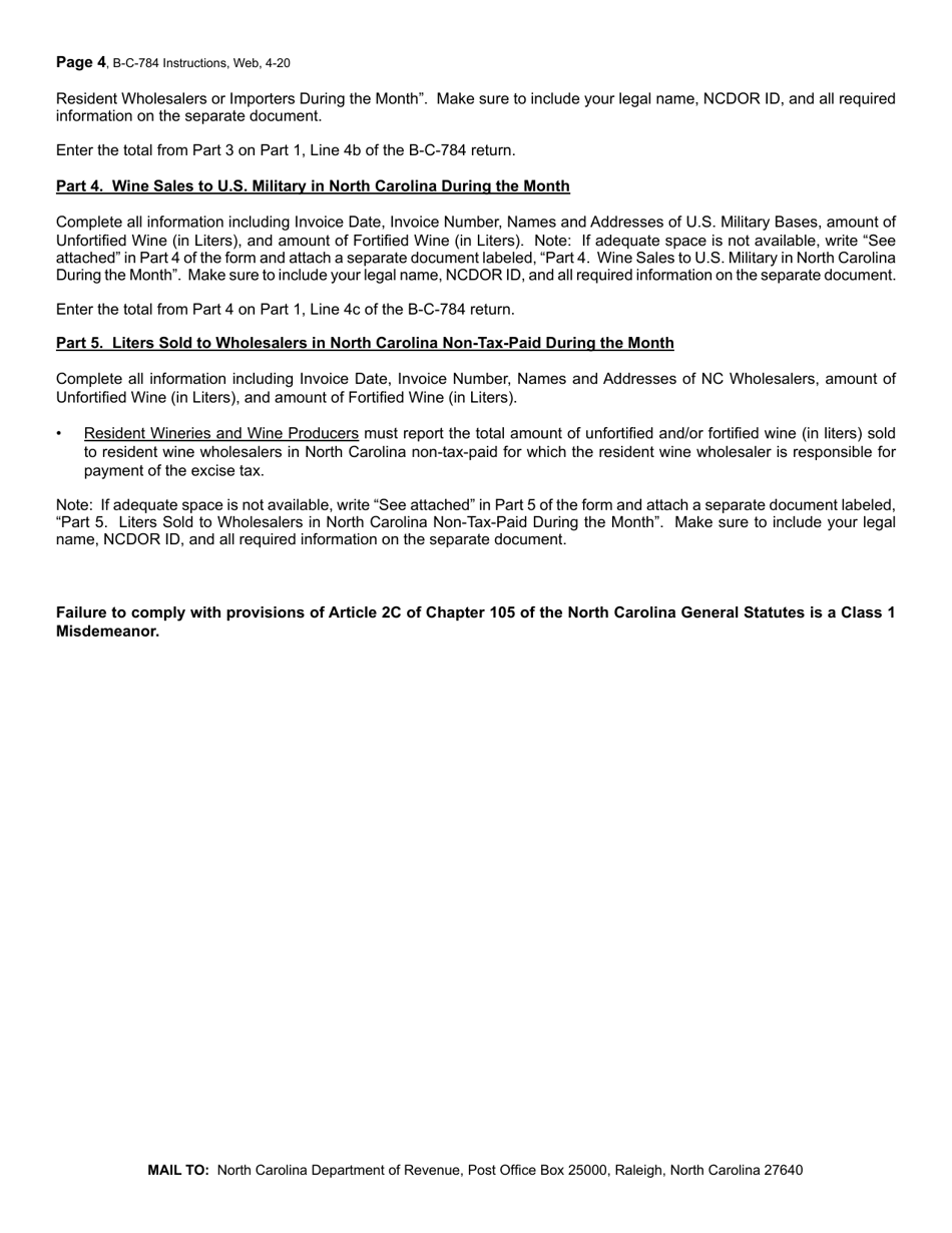 Instructions for Form B-C-784 Wine Wholesaler and Importer and Resident Winery Excise Tax Return - North Carolina, Page 4