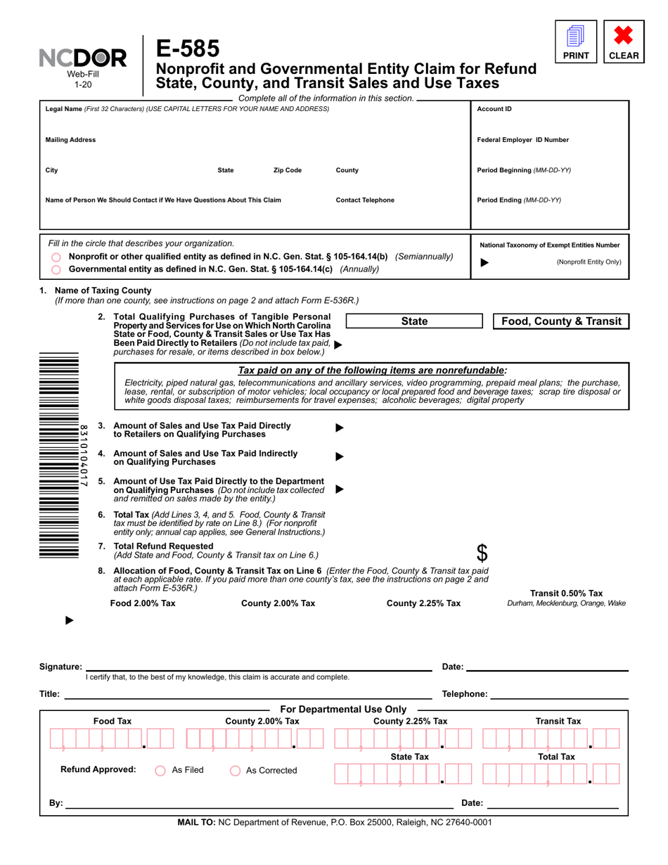 Form E-585 Nonprofit and Governmental Entity Claim for Refund State, County, and Transit Sales and Use Taxes - North Carolina, Page 2