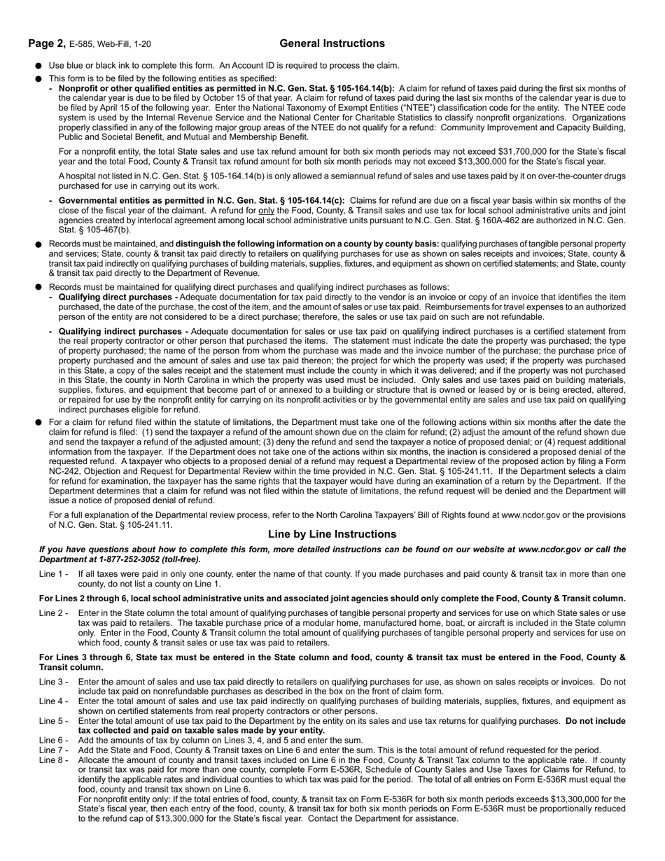 Form E-585 Nonprofit and Governmental Entity Claim for Refund State, County, and Transit Sales and Use Taxes - North Carolina, Page 3