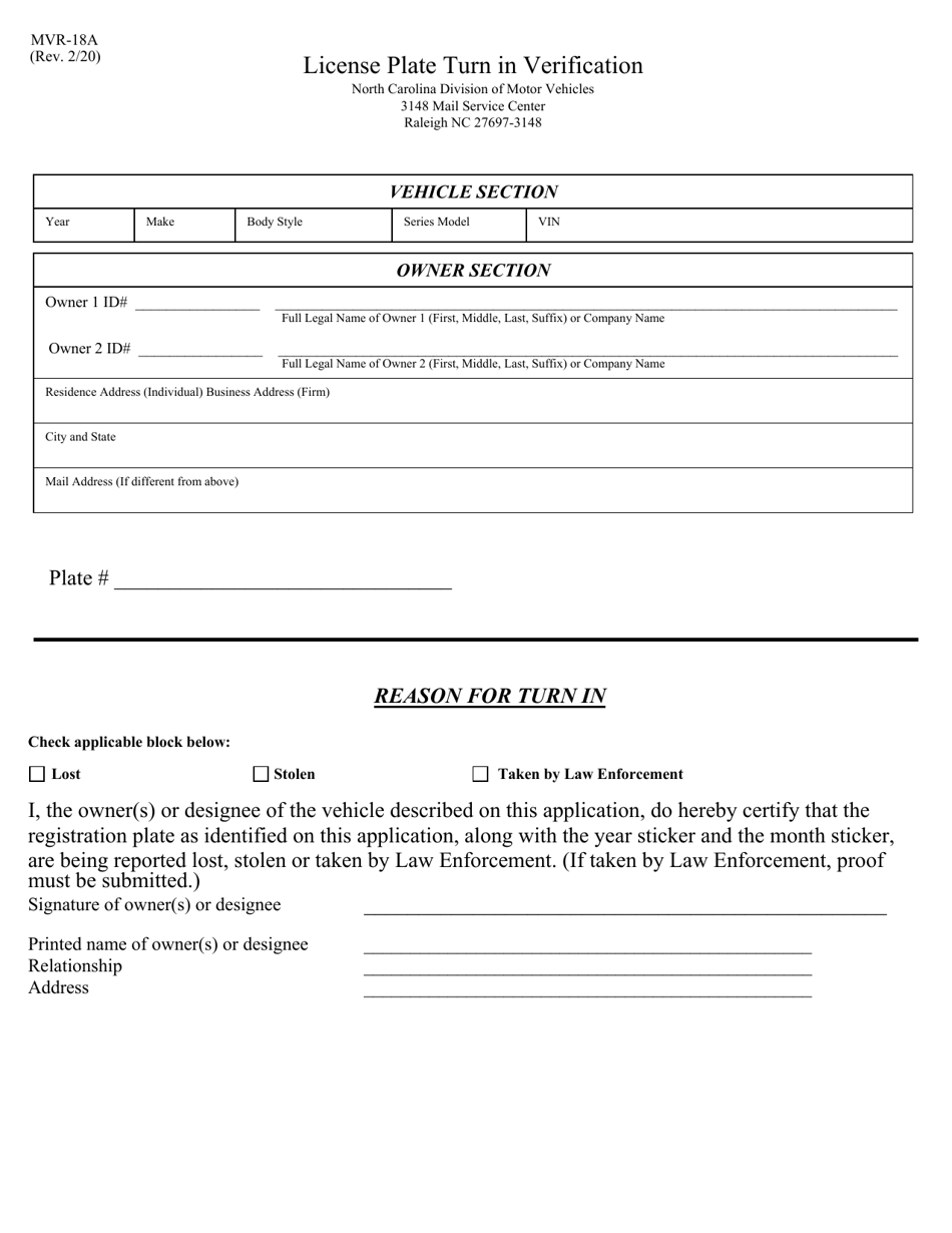 Form MVR-18A License Plate Turn in Verification - North Carolina, Page 1