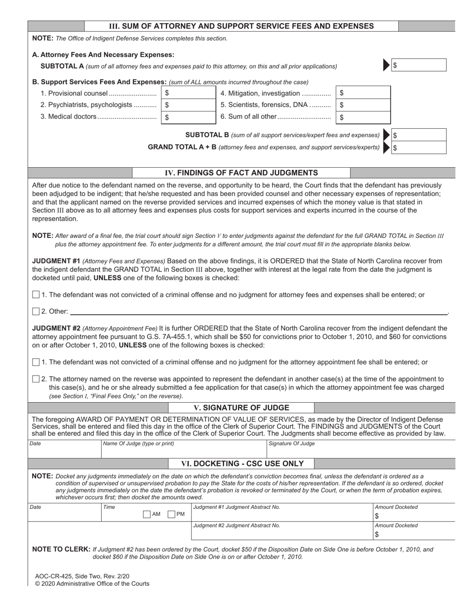 Form AOC-CR-425 Capital Case Fee Application Order for Payment Judgment Against Indigent - North Carolina, Page 2
