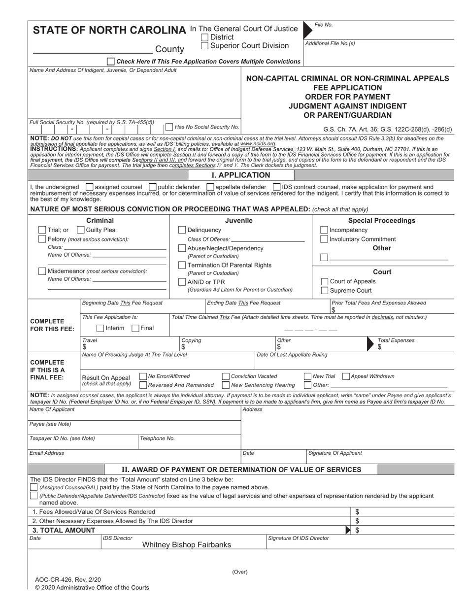 Form AOC-CR-426 Non-capital Criminal or Non-criminal Appeals Fee Application Order for Payment Judgment Against Indigent or Parent / Guardian - North Carolina, Page 1