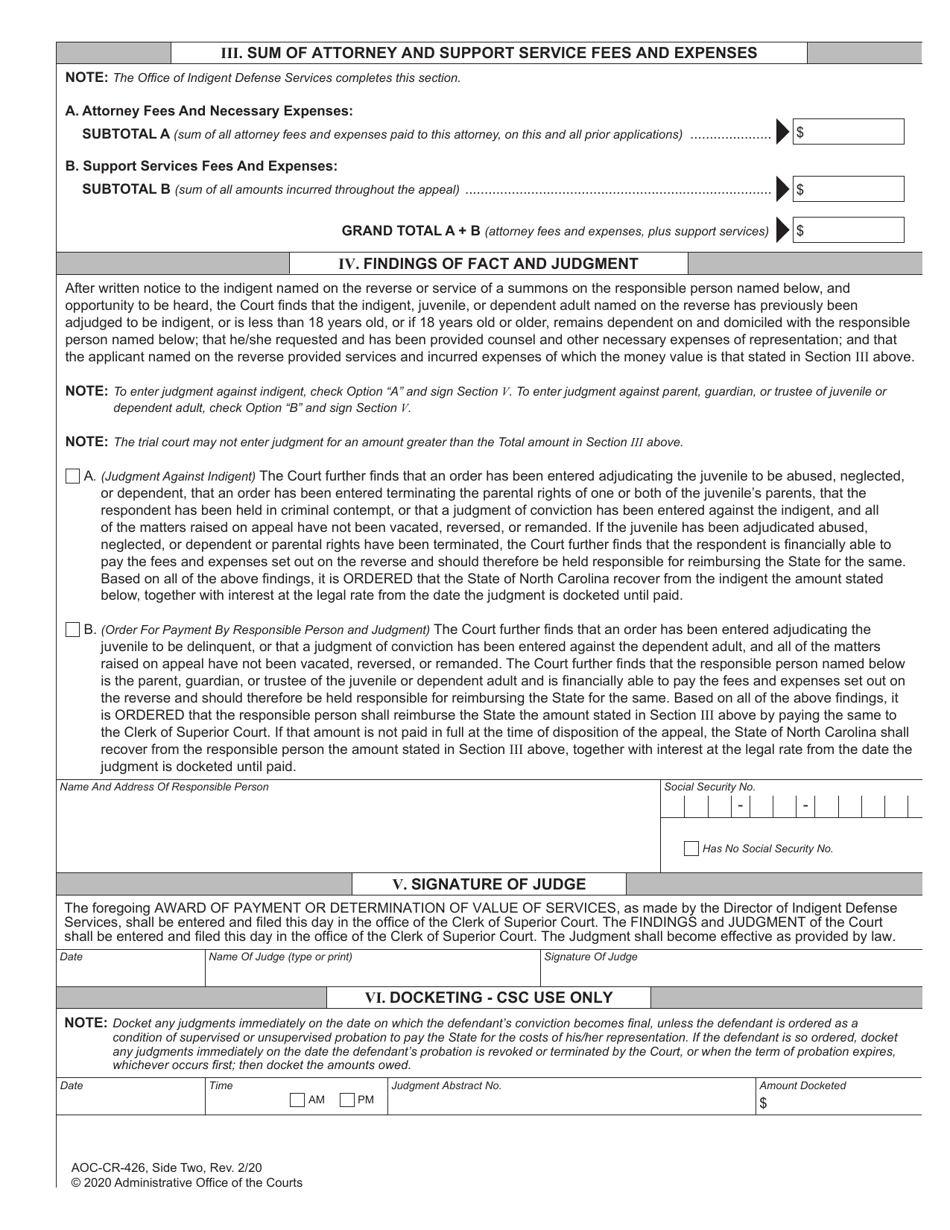 Form AOC-CR-426 Non-capital Criminal or Non-criminal Appeals Fee Application Order for Payment Judgment Against Indigent or Parent / Guardian - North Carolina, Page 2