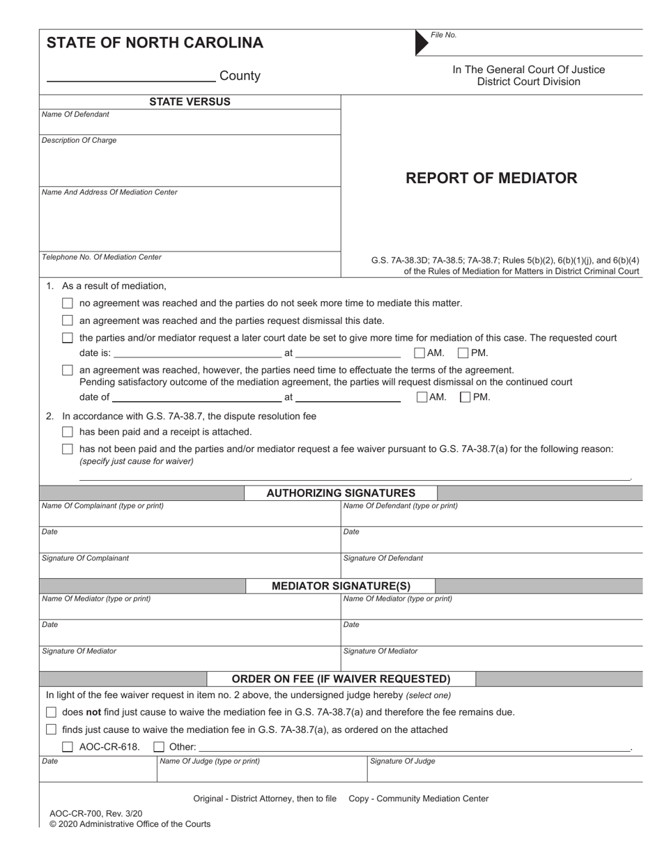 Form AOC-CR-700 Report of Mediator - North Carolina, Page 1