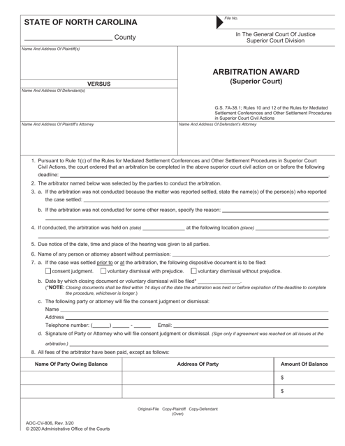 Form AOC-CV-806  Printable Pdf
