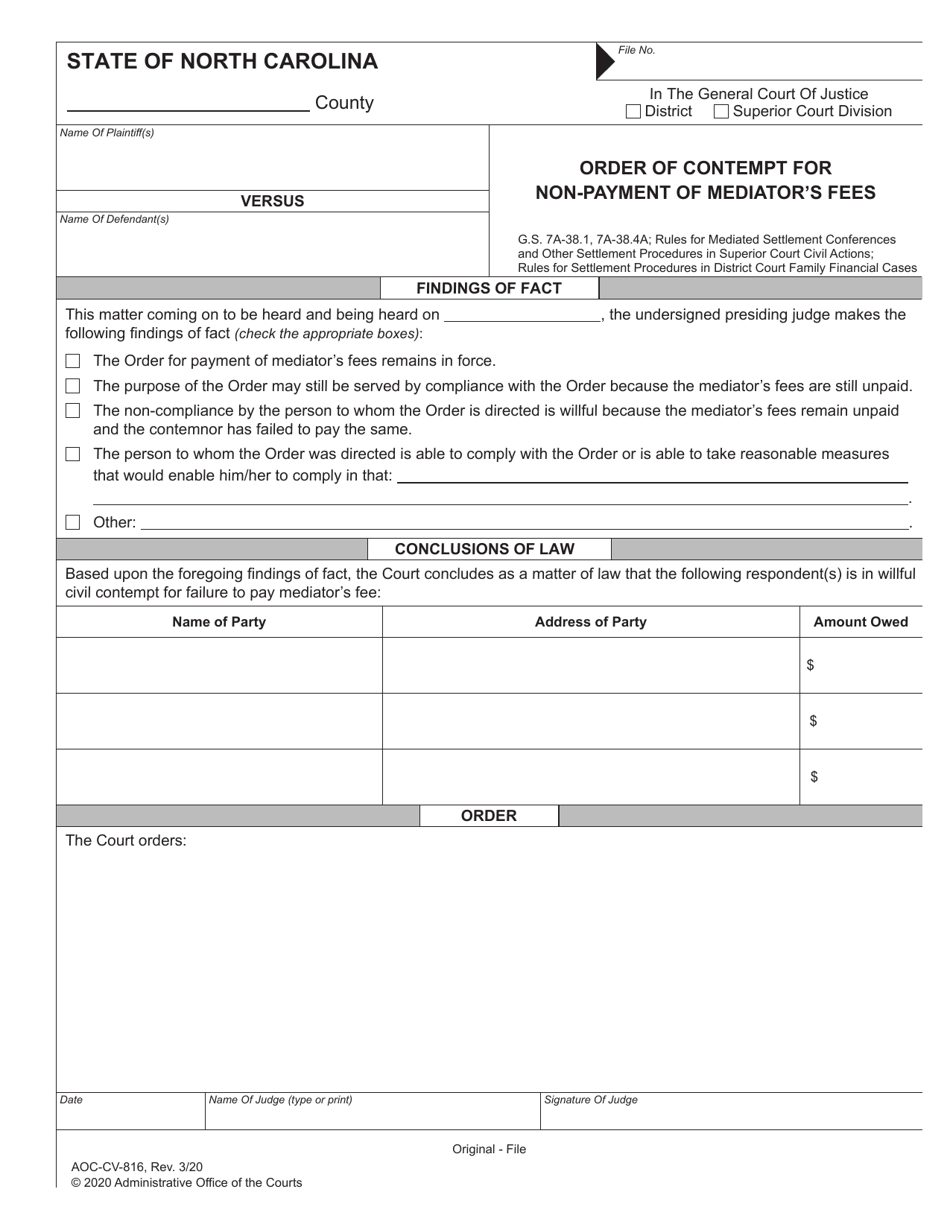 Form AOC-CV-816 Order of Contempt for Non-payment of Mediators Fees - North Carolina, Page 1