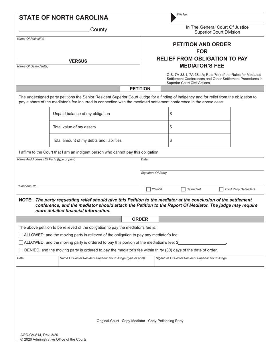 Form AOC-CV-814 Petition and Order for Relief From Obligation to Pay Mediators Fee - North Carolina, Page 1