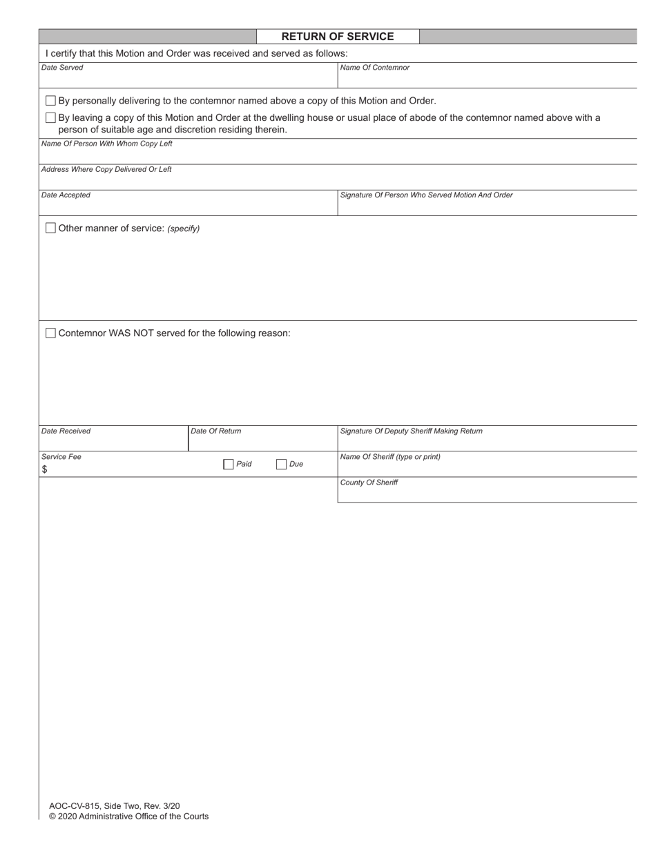 Form AOC-CV-815 Motion and Order for Show Cause Hearing - North Carolina, Page 2