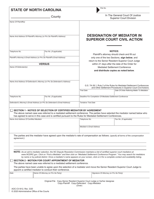 Form AOC-CV-812 Designation of Mediator in Superior Court Civil Action - North Carolina