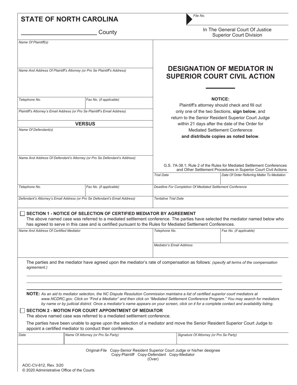 Form AOC-CV-812 Designation of Mediator in Superior Court Civil Action - North Carolina, Page 1