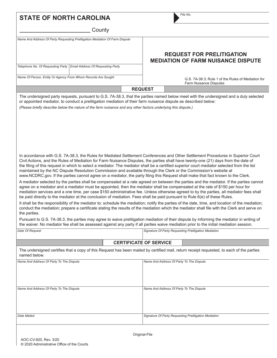 Form AOC-CV-820 Request for Prelitigation Mediation of Farm Nuisance Dispute - North Carolina, Page 1
